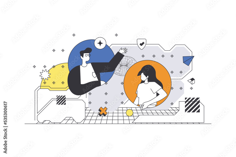 Aufkleber cyberspace management web concept in flat outline design with characters. man and woman interacts wi