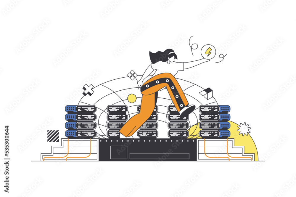Aufkleber Data center web concept in flat outline design with character. Woman engineer working in server room, maintains and controls performance of hardware on dashboard, people scene. Vector illustration.