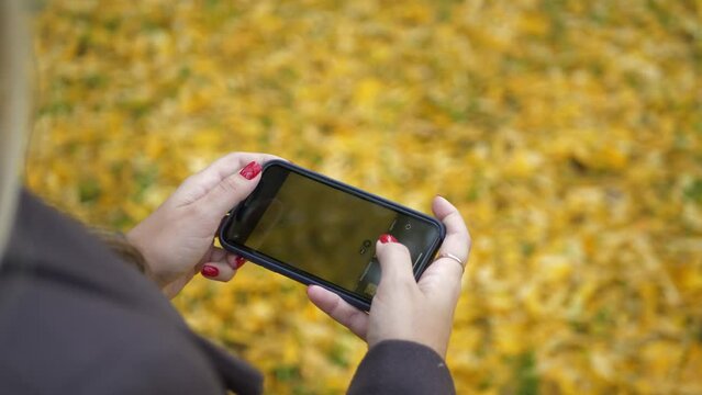 A girl takes pictures of fallen autumn leaves on a smartphone in the park. People, nature and technology.