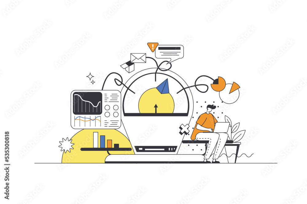 Poster financial management web concept in flat outline design with characters. man counting money and anal