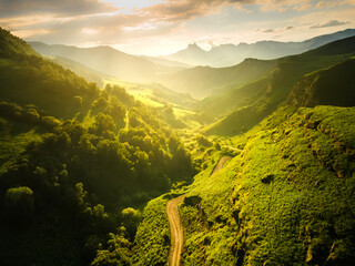 View of the green mountains and hills at sunset. Aktoprak Pass in North Caucasus, Russia.