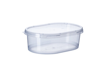 transparent oval container with transparent lid - 1000 ml, plastic containers on white background , food plastic box isolated on white, product packaging for foodstuff or paints, adhesives, primers