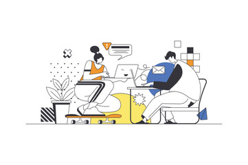 Freelance work web concept in flat outline design with characters. Man and woman working on laptops online. Freelancers doing tasks remotely while sitting at home, people scene. Vector illustration.
