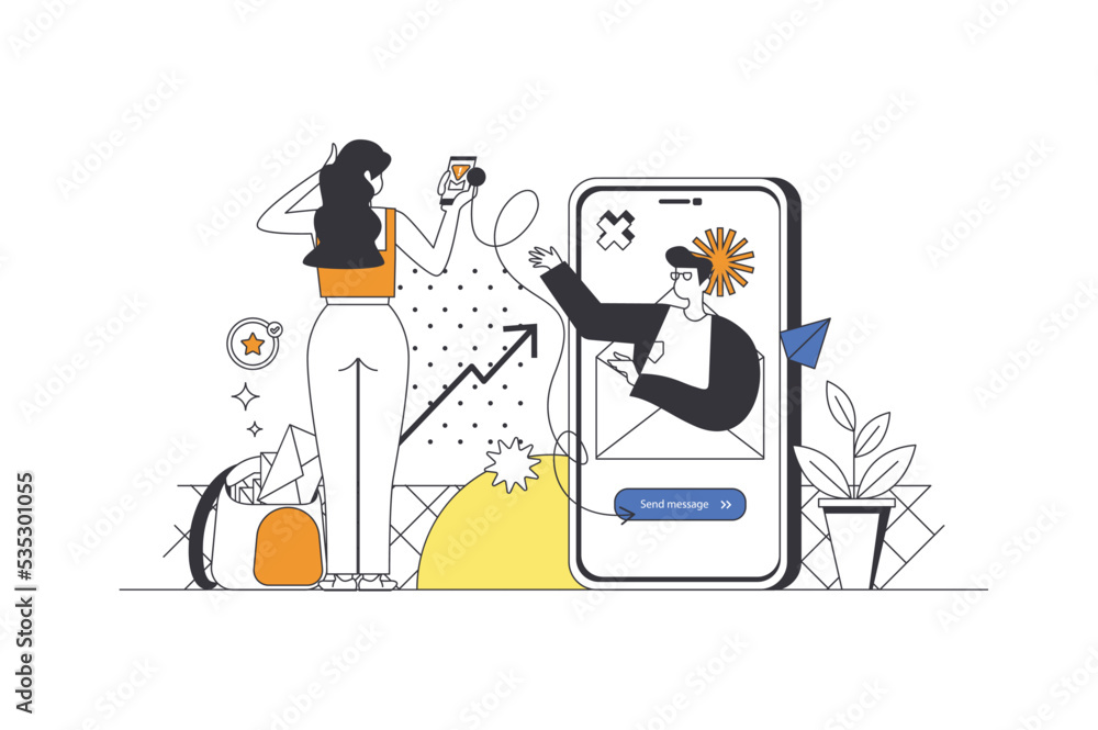 Poster mobile email service web concept in flat outline design with characters. man and woman makes online 
