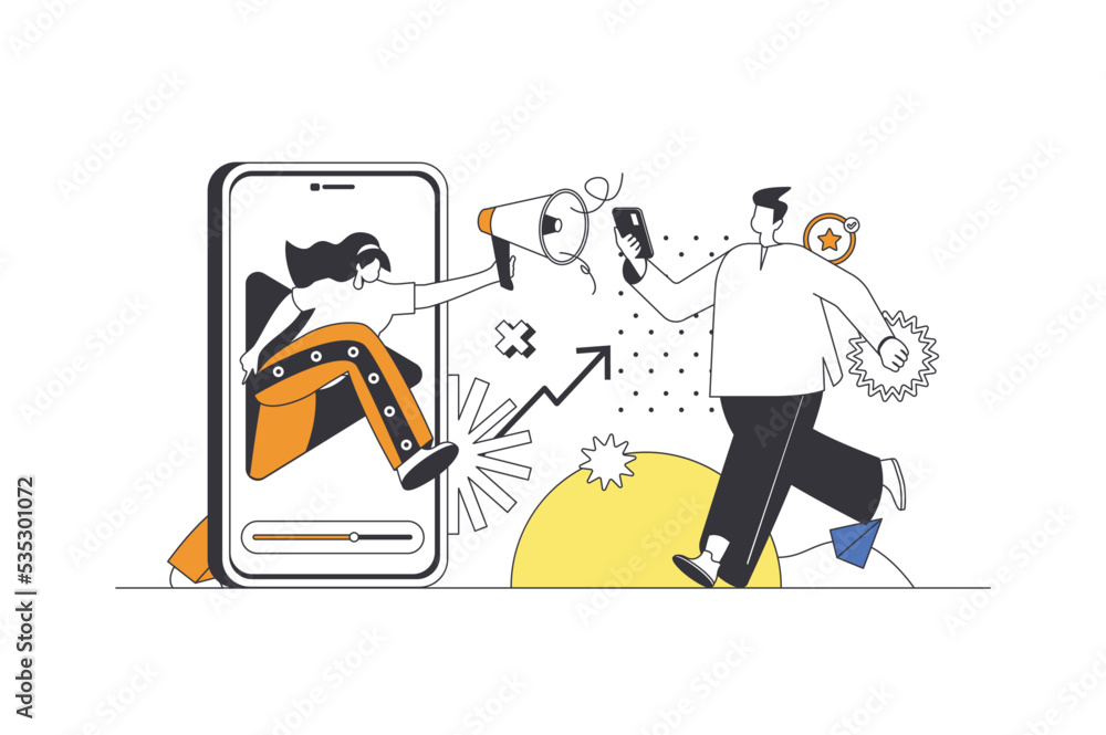 Aufkleber Mobile marketing web concept in flat outline design with characters. Woman with megaphone making advertising campaign in applications and attract new customers, people scene. Vector illustration.