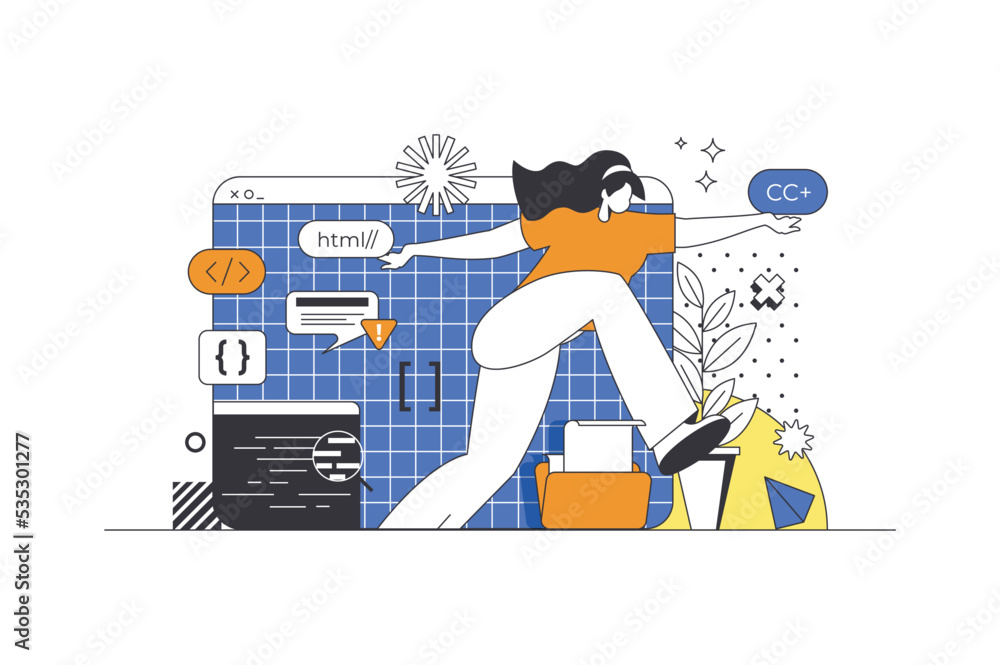 Fototapete Programming software web concept in flat outline design with character. Woman developer coding in different languages, creates programs and optimizes software, people scene. Vector illustration.