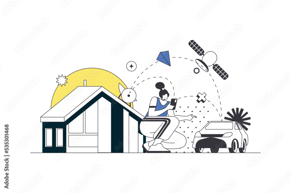 Aufkleber Wireless technology web concept in flat outline design with character. Woman monitors smart home sensors and controls house and car using program on mobile phone, people scene. Vector illustration.