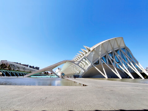 Museu de les Ci&egrave;ncies Pr&iacute;ncipe Felipe and L&rsquo;Umbracle sculpture garden in the Ciutat de les Arts i de les Ci&egrave;ncies. Valencia, Spain. 