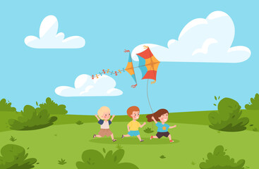 Three happy children running across the lawn with kite flat style