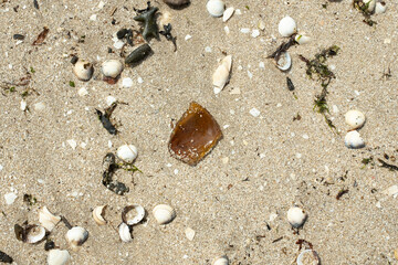 glass of a broken bottle on the sand on the beach