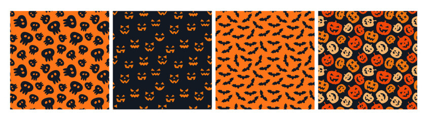 Set of 4 seamless patterns for wrapping paper, textile, cards, decoration, banners and other designs related to Halloween . Flat style vector illustration with pumpkins, bats and spooky faces