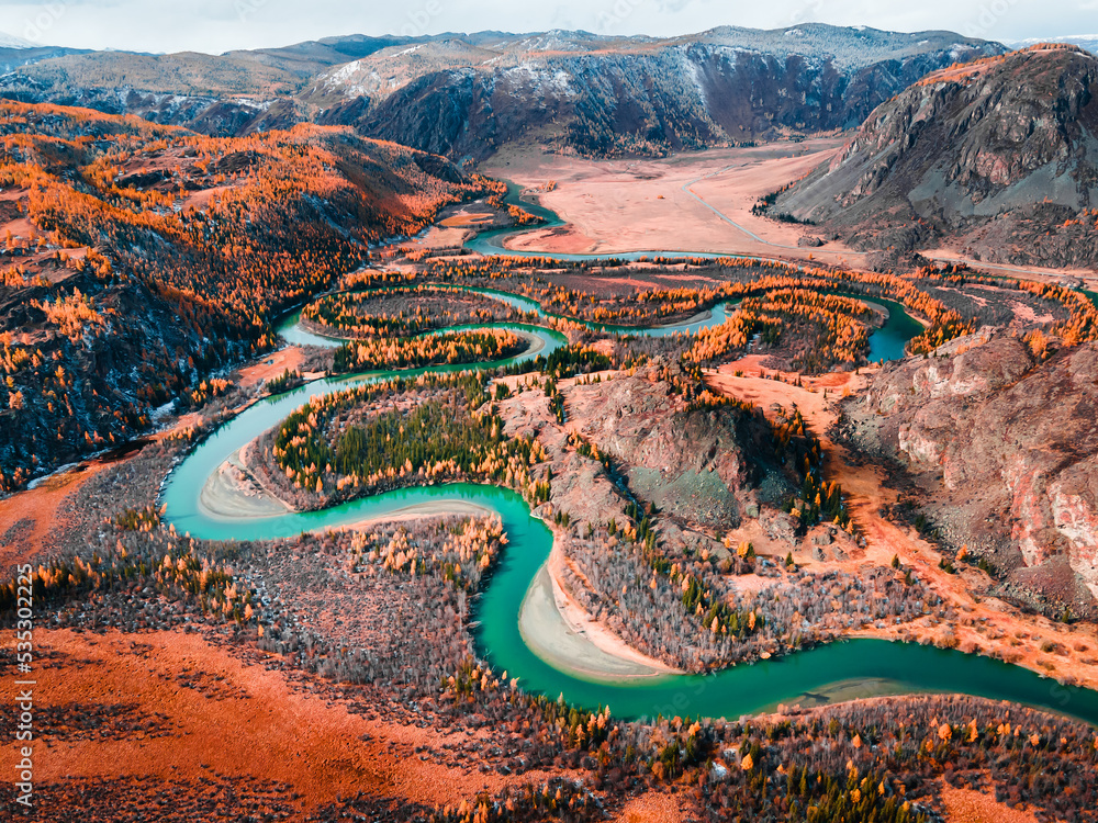 Wall mural chuya river in altai mountains, siberia, russia. aerial view. autumn landscape.