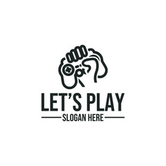 Hand holding gamepad logo isolated on white background