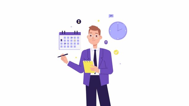 Businessman character animation. Calendar and clock, Schedule planning concept. Time management and self organization. work-life balance, working time. Animated stock video, cartoon style