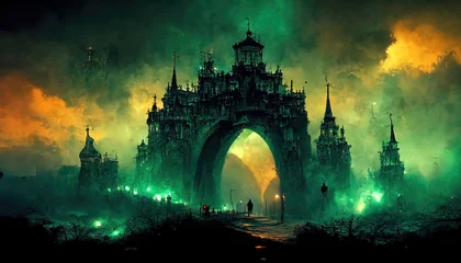 Fotobehang AI generated image of a post-apocalyptic gothic citadel with mysterious foggy atmosphere  © Amith