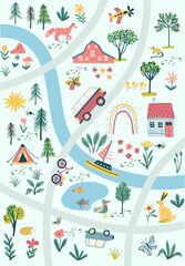 Little village cartoon vector map illustration with rainbow, lake, camping tent, cars, roads, river, little houses.