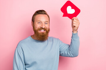 Portrait of optimistic handsome man with ginger beard wear blue pullover holding red like dialogue...