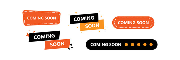 coming soon banner label. Promotional banner sign. New product release symbol. Paper label banner. Coming soon adhesive tags.