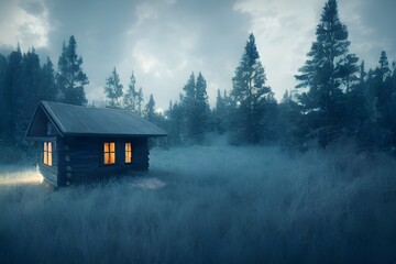 A lonely cabin in the woods built by settlers. 