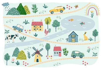 Little village vector cartoon map with cars, roads, little houses, lake. Travel nature children design