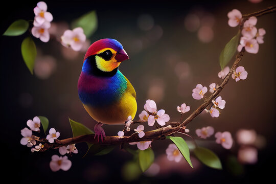 AI generated image of a Gouldian finch perched on cherry blossoms branch 