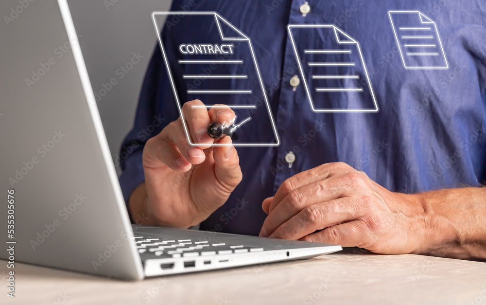 Poster signing contracts online at laptop. e-signature for electronic document. business in internet concep