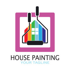 logo icon illustration house paint with a blend of brushes and rollers for house wall paint design, minimalist house, painting, interior, building, property business, wallpaper, vector concept