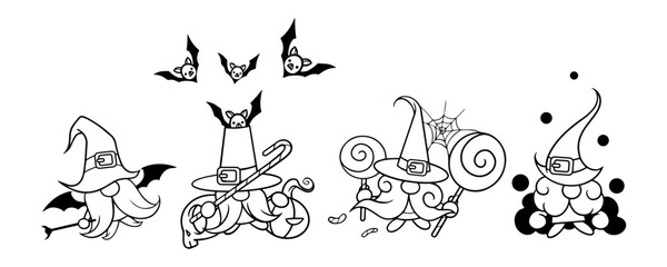 Halloween vector gnome in hat with candy, bat, spider web and beard. Set vector. Holidays greeting card. Trick or treat. Isolated on white background. For flyers, invitations, cards, posters.
