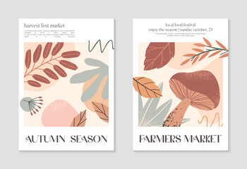 Autumn harvest festival posters with pumpkins,foliage and copy space for text.Trendy autumn covers for invitations,social media marketing,greetings,brochure.Harvest fest vector illustrations