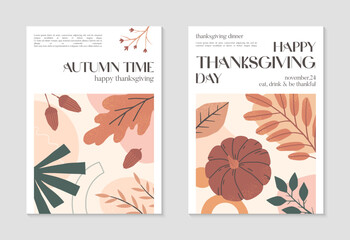 Happy Thanksgiving Day creative posters with pumpkins,foliage and copy space for text.Modern autumn covers for invitations,social media marketing,greetings,brochure.Trendy holiday backgrounds.