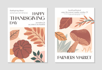 Happy Thanksgiving dinner and harvest posters with pumpkins,foliage and copy space for text.Modern autumn covers for invitations,social media marketing,greetings,brochure.Trendy holiday backgrounds.