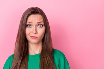 Photo of unhappy upset depressed gloomy nice girl with straight hairstyle dressed green t-shirt...