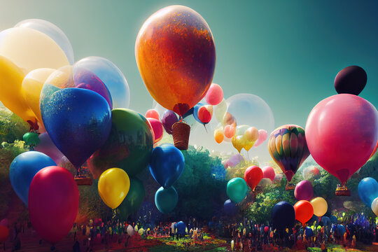 Multi coloured abstract illustration background of colourful balloons in the air.