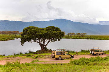 beautiful African mountain landscape. Lake, big tree, safari jeeps. Ngorongoro National Park