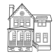 hand drawn two-storey house. Vector doodle style building for coloring page