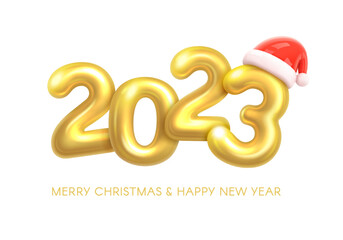Happy New Year 2023. Golden Number with Santa Hat. Christmas decoration. Celebrate party. New Year 2023 Logo, Xmas poster, invitation card, banner, brochure, flyer, layout design. Realistic 3d vector