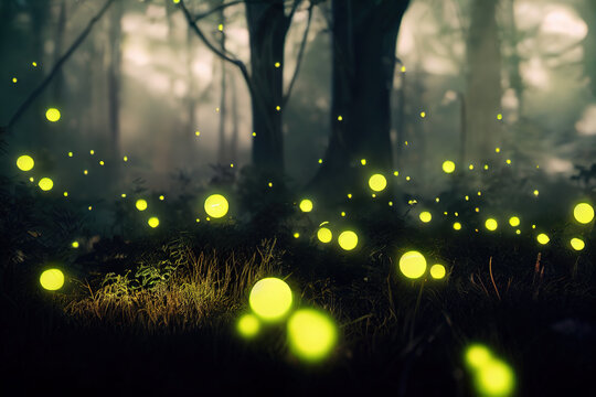 Abstract and Magical Image of Firefly Flying in the Night Forest. © klenger