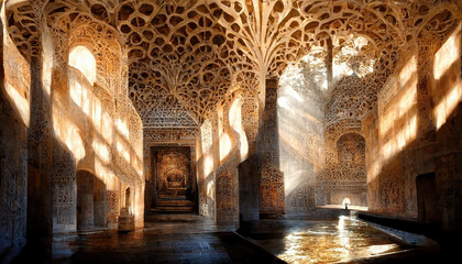 AI generated image of a large Hindu temple built in the style of Alhambra in Granada, Spain - obrazy, fototapety, plakaty