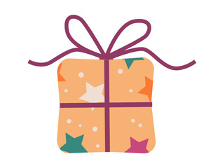 Cartoon Christmas gift box with stars and ribbon