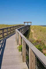 Obraz premium Boardwalk across sand dunes towards Atlantic Ocean beach at Plum Island
