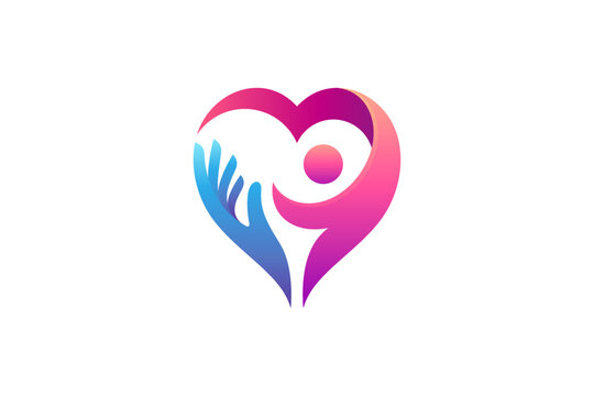 People hand care logo, heart logo with hand and people shape