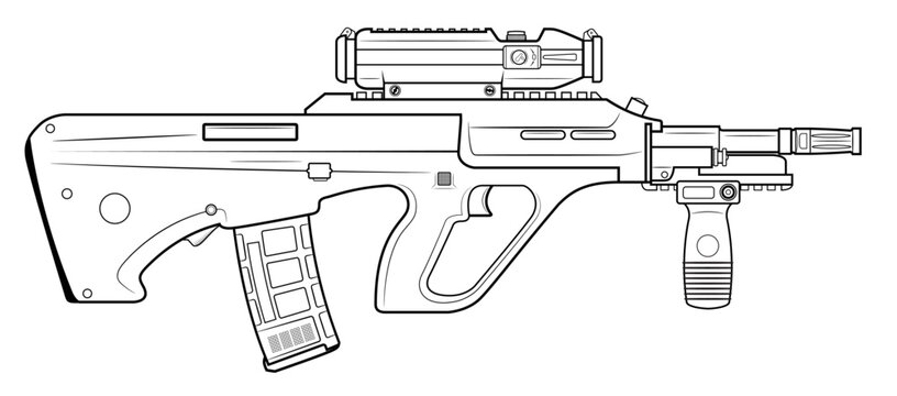 Vector illustration od the Steyr AUG bullpup automatic rifle with short barrel and telescopic sight.