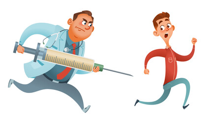 Cartoon doctor with a huge syringe chasing a patient. Vector illustration dedicated to vaccination and the difficult life of medical workers in general. Isolated on white.
