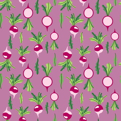 Unregular seamless pattern with fresh delicious radish vector illustration. Fresh spring vegetables with green parts. Surface design with radish is perfect for kitchen, clothes and more