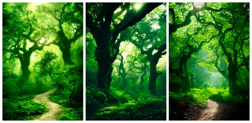 Green forest landscape. path through the forest, ancient trees, oaks with green foliage. 