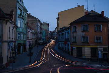Naklejka na ściany i meble Cieszyn old town main street in the evening long exposure