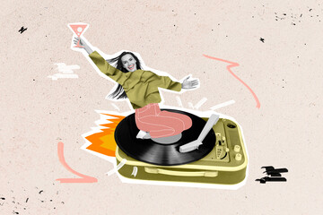 Creative abstract template collage of funny funky young woman riding flying retro vintage vinyl recorder hold cocktail drunk have fun