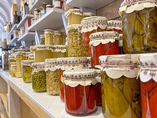 Preserved vegetables on offer in the farm shop shelf