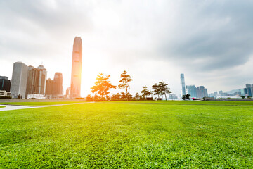 Fototapeta na wymiar City park with modern office buildings in Hong Kong