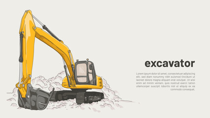 isolated excavator. heavy equipmet rough drawing with editable copy space vector illustration.